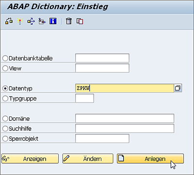 Struktur im Einstiegsbildschirm des ABAP Dictionarys anlegen