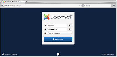 Ins Backend loggen Sie sich mit dem Benutzernamen und Passwort ein, die Sie während der Joomla!-Installation angegeben haben.