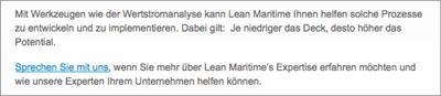 Zumindest eine kleine Aufforderung, Kontakt aufzunehmen, findet der Anwender am Ende einer Seite bei lean-maritime.de.
