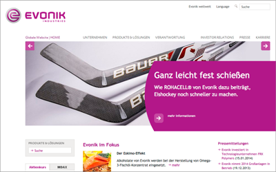 evonik.de setzt zur Wiedererkennung auf ein starkes Farb- und markantes Unterscheidungsmerkmal: Violett.