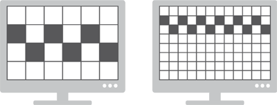 Gleiche Monitorgröße, unterschiedliche Auflösung. Steigt die Pixeldichte, wird das einzelne Pixel kleiner (rechts).