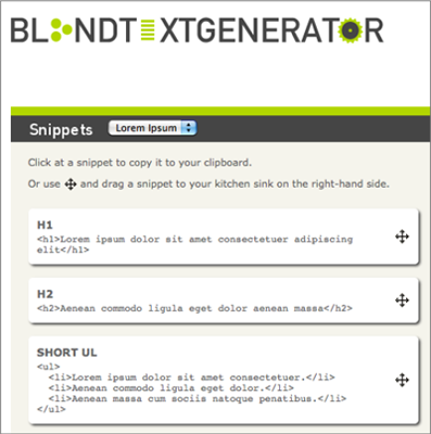 Schon wieder der Blindtextgenerator, diesmal bietet er aber eine Vorlage mit HTML-Elementen an, fertig zur typografischen Ausgestaltung, blindtextgenerator.com/snippets.