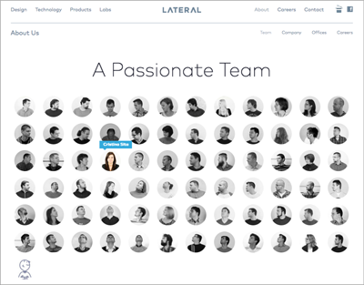 Alle Mitarbeiter auf einer Seite und dann noch kreativ umgesetzt: lateral-inc.com/about-us/team