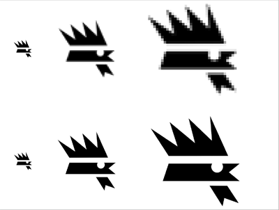 Während Pixelgrafiken beim Skalieren »verpixeln« (oben), bleiben Vektorgrafiken gestochen scharf (unten).