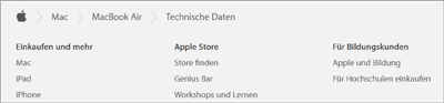 apple.de zeigt eine andere Variante: Breadcrumbs im Footer, optisch nicht besonders markant, aber vorhanden.
