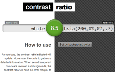 Beim Online-Tool Contrast Ratio wird während der Eingabe der Farbwerte der Farbkontrast nach WCAG 2.0-Richtlinien bewertet. Sehr hilfreich! http://leaverou.github.io/contrast-ratio/