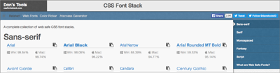 CSS Font StackCSSFont StackEntwicklungCSS Font StackDevelopmentCSS Font Stack liefert eine Übersicht über erweiterte websichere Schriften, die Verbreitung auf den Betriebssystemen Mac und PC sowie passende Fallback-Angaben. cssfontstack.com