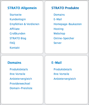 Auszug der Sitemap von strato.de/sitemap