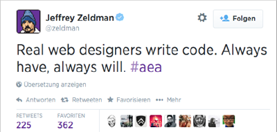 So sieht es aus: Webdesigner schreiben Code, twitter.com/zeldman/status/4818978868.