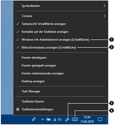 Für den Windows Ink-Arbeitsbereich sowie die Bildschirmtastatur können Sie eigene Symbole im Infobereich der Taskleiste einblenden.