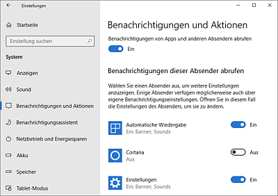 Bevor Sie die detaillierten Einstellungen vornehmen, wählen Sie per Mausklick die gewünschte App – von Windows 10 hier Absender genannt – aus.