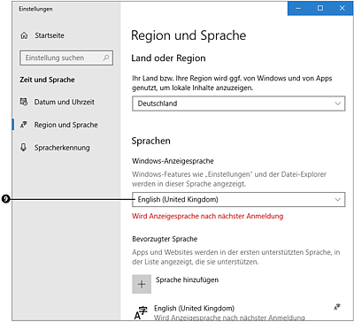 Im Feld »Windows-Anzeigesprache« legen Sie fest, in welcher Sprache die Benutzeroberfläche von Windows 10 erscheinen soll.