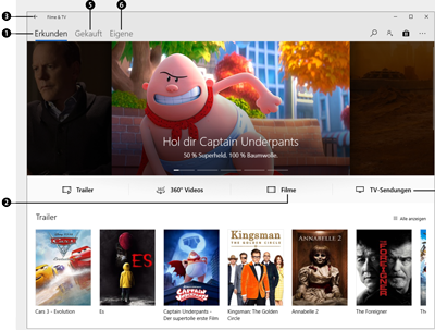 Die App Filme & TV lädt Sie zunächst zum Einkaufsbummel im Microsoft Store ein.