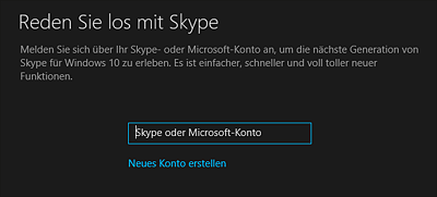 Falls Sie mit einem lokalen Benutzerkonto am PC angemeldet sind, ist nach dem Start von Skype die Anmeldung per Skype-Name oder Microsoft-Konto erforderlich.