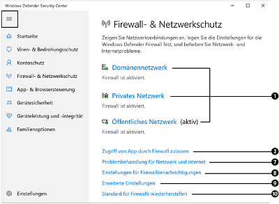Der Bereich »Firewall- & Netzwerkschutz« im Windows Defender Security Center