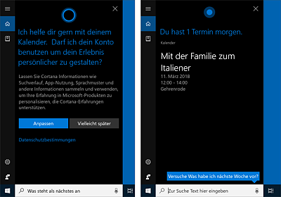 Cortana hat nach dem Erteilen der Erlaubnis direkten Zugriff auf die Termine in der Kalender-App.