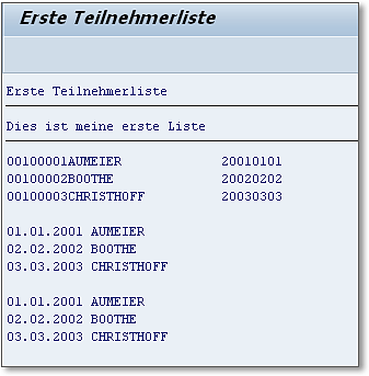 Listbild für den Report Z_TEILNEHMERLISTE01