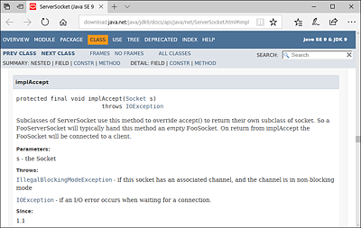 Ausschnitt aus der API-Dokumentation für die Klasse java.net.ServerSocket