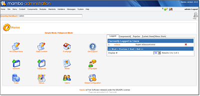 Mambos typisches Kontrollzentrum prägte auch die Administrations-Homepage von Joomla! über die kommenden Jahre.