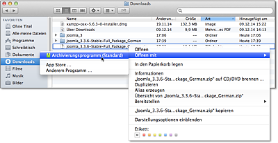 Safari entpackt sichere ZIP-Archive automatisch; mit Firefox oder Chrome heruntergeladene Pakete müssen Sie mit »Archivierungsprogramm« entpacken, bevor Sie sie in den Ordner »/Programme/XAMPP/htdocs/joomla3test« kopieren.
