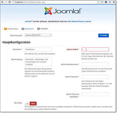 Schritt 1 des Joomla!-Setups: Name und Beschreibung der Website und Kontaktdaten und Passwort des Administrators