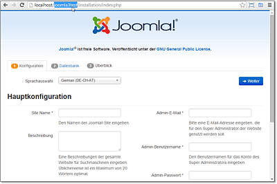 Erster Blick auf den Joomla!-Installationsassistenten – Webapplikationen in ein Unterverzeichnis zu installieren ist allerdings keine gute Praxis.