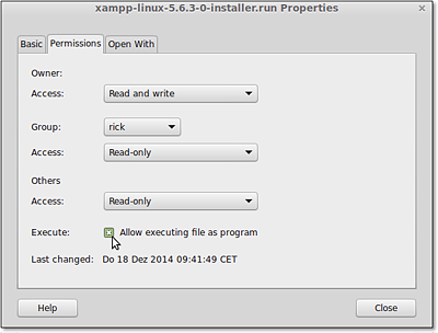 Nach dem Herunterladen wird die XAMPP-Installationsdatei als ausführbar markiert.