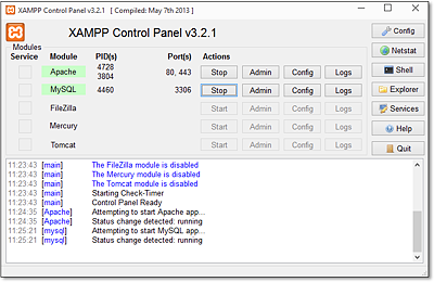 Über das XAMPP Control Panel lassen sich Server und Module ein- und ausschalten, Logdateien ansehen und Konfigurationsdateien bearbeiten,