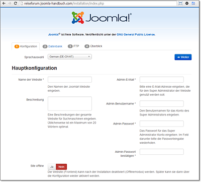 Springt die URL nach Eingabe Ihres Domain-Namens zu »/installation/index.php« und sehen Sie den ersten Installationsassistentenschritt, ist Joomla! bereit fürs Einrichten.