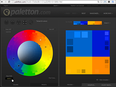 Paletton (http://paletton.com) erstellt verschiedene Farbschemen aufgrund einer Basisfarbe – geben Sie die Startfarbe ins Feld »Base RGB« unten links ein, wählen Sie eines der fünf Farbschemen oben links, und fahren Sie dann mit der Maus über die neuen Farben, um ihren RGB-Wert abzulesen.
