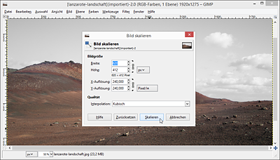 Im für alle Betriebssysteme kostenlos verfügbaren Bildbearbeitungsprogramm GIMP (http://www.gimp.org) verkleinern Sie Bilder über das Menü »Bild« • »Bild skalieren«. 
