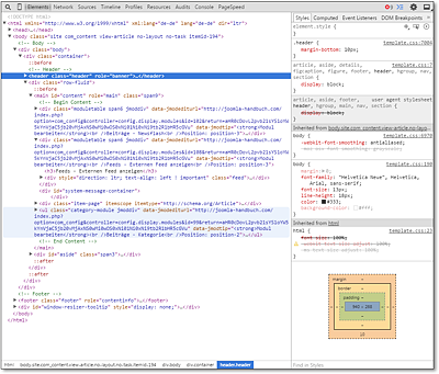 In dynamischen Quelltextansichten (hier: Chrome) sehen Sie links den HTML-Code und rechts die CSS-Kaskade zur Formatierung des mit der Maus markierten HTML-Elements.