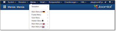 Die nicht löschbare Startseite für »alle« Sprachen versteckt sich im »Hidden Menu«, um im deutschen Hauptmenü Platz für einen lokalisierten Homepage-Eintrag zu schaffen, der nur auf deutschsprachigen Seiten erscheint.