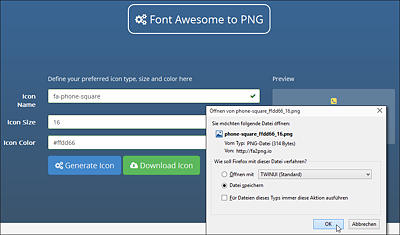 Die Website »http://fa2png.io« erzeugt aus den Vektordaten von Font-Awesome-Icons gerasterte Pixelbilder im PNG-Format.