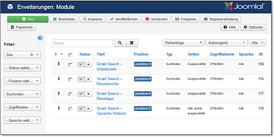 Das Reiseforum integriert vier verschiedene Suchkonfigurationen (Suchfilter), die über den Reiter »Menüzuweisungen« ausgewählten Webseiten zugewiesen wurden.