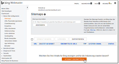 Bings Sitemap-Verlinkung erreichen Sie über den »Bing Webmaster« • »Meine Site konfigurieren« • »Sitemaps«.