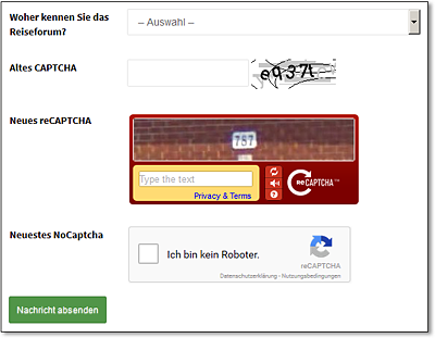 Beispiele für altes CAPTCHA (oben), das am weitesten verbreitete reCAPTCHA (Mitte) und die neueste Variante NoCaptcha (unten)