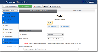 Für die PayPal-Konfiguration genügt die Angabe Ihrer E-Mail-Adresse. Praktisch: Im Sandbox-Modus testen Sie die Anbindung, ohne echtes Geld zu überweisen.