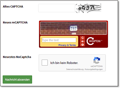 Evolution der CAPTCHAs, vom Original-CAPTCHA über reCAPTCHA (1.0) zum aktuellen NoCaptcha (2.0), in dem ein Mausklick zur Validierung genügt