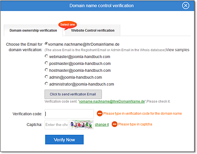 Hinter dem Popup-Formular »Domain name control verification« verbirgt sich der eigentliche Zertifizierungsmechanismus für Ihre Domain, den Sie nur mit Zugriff auf eine der angegebenen E-Mail-Adressen abschließen können.