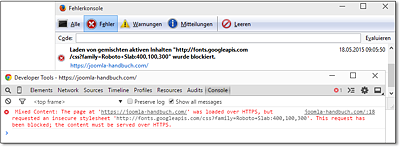 Die Chrome-Entwicklertools und das Firefox-Add-on Web Developer zeigen blockierte HTTP-Inhalte in der JavaScript-Fehlerkonsole.