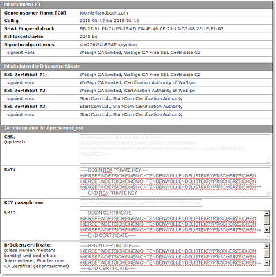 Beispiel der Zertifikatseinrichtung für »joomla-handbuch.com« in der Webhosting-Konfiguration, alle drei Dateien des Archivs »for Apache.zip« werden benötigt.