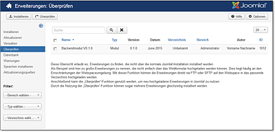 Über die Seite »Überprüfen« installieren Sie im Dateisystem von Joomla! bereitgelegte neue Erweiterungen.