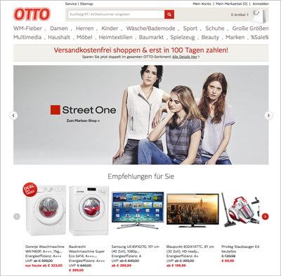 Verschiedene Teaser und ein schnell auffindbares Suchfeld für die unterschiedlichen Käufertypen auf der Startseite von otto.de