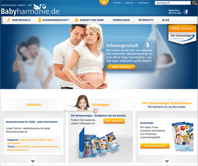 Die Schwenninger Krankenkasse stellte einen so großen Bedarf an Informationen rund um Geburt, Schwangerschaft und Babywunsch fest, dass sie eine eigene umfangreiche Webseite (babyharmonie.de) dazu erstellte.