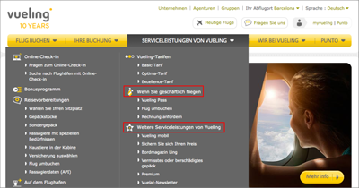Hier wird’s kompliziert: »Wenn Sie geschäftlich fliegen« oder »Weitere Serviceleistungen von Vueling« (vueling.com/de).