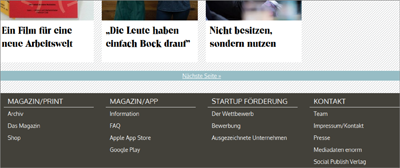 Viele weiterführende Links in einem eigenen farbigen Kasten, die Footer-Navigation beim enorm-magazin.de