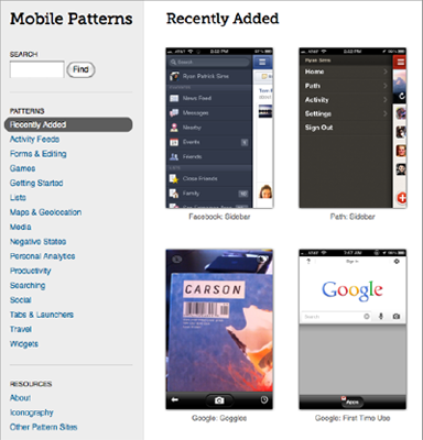 Anregungen für App-Designs gibt es bei mobile-patterns.com und pttrns.com.