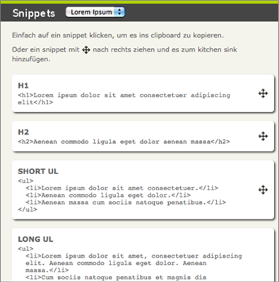 Hier lassen sich eigene HTML-Snippets zusammenklicken und für das eigene Projekt zum Testen kopieren: blindtextgenerator.de/snippets.