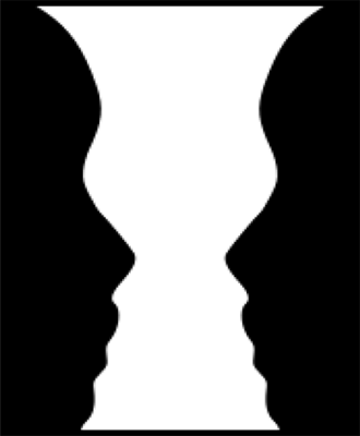 Der Klassiker – die rubinsche Vase. Entweder man nimmt eine weiße Vase auf schwarzem Grund oder zwei schwarze sich ansehende Gesichter auf weißem Hintergrund wahr.